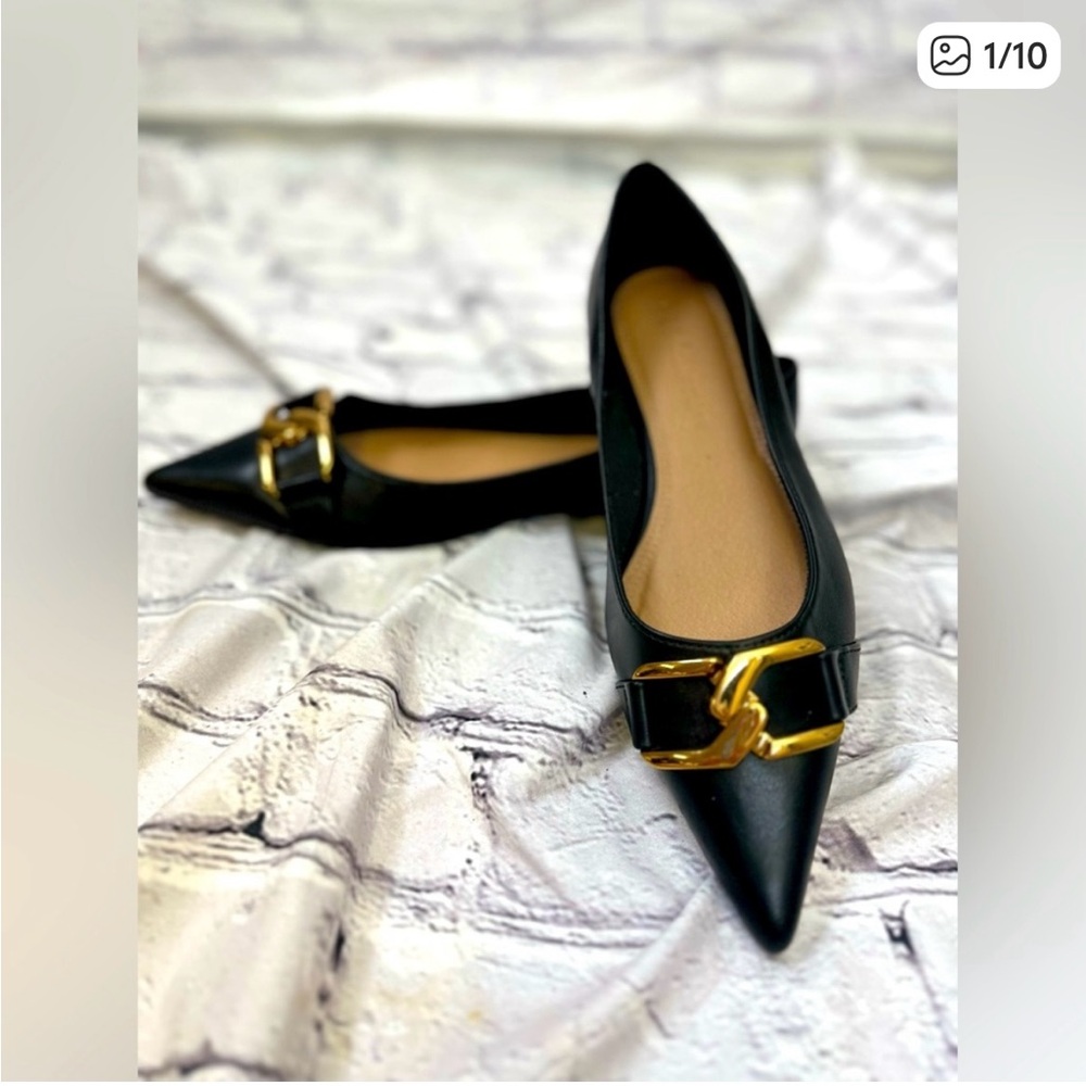 B.O.C. Collective Pointed Toe Black Flats with Gold Accent Chain Detail